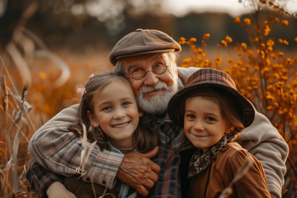 Älterer Mann mit zwei Kindern im Herbst, Symbol für gesunde Knochen und starkes Immunsystem dank Sanomotion STRENGTH.